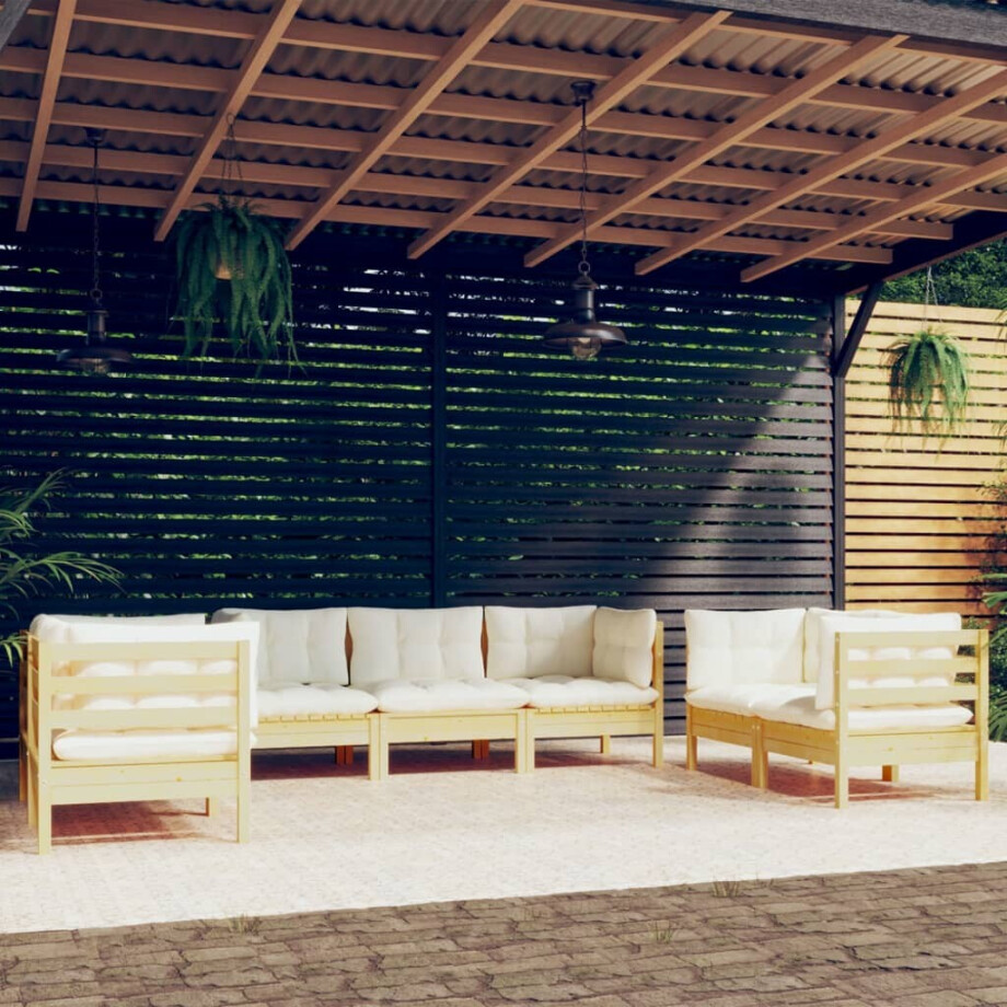 vidaXL 7-delige Loungeset met crèmekleurige kussens massief grenenhout vidaXL 7-delige Loungeset met crèmekleurige kussens massief grenenhout afbeelding 1