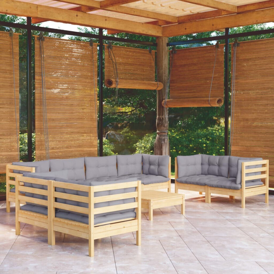 vidaXL 9-delige Loungeset met grijze kussens massief grenenhout afbeelding 1
