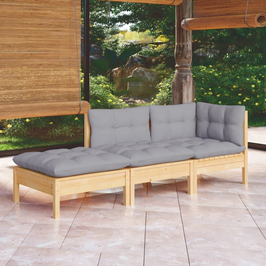 vidaXL 3-delige Loungeset met grijze kussens massief grenenhout afbeelding 1