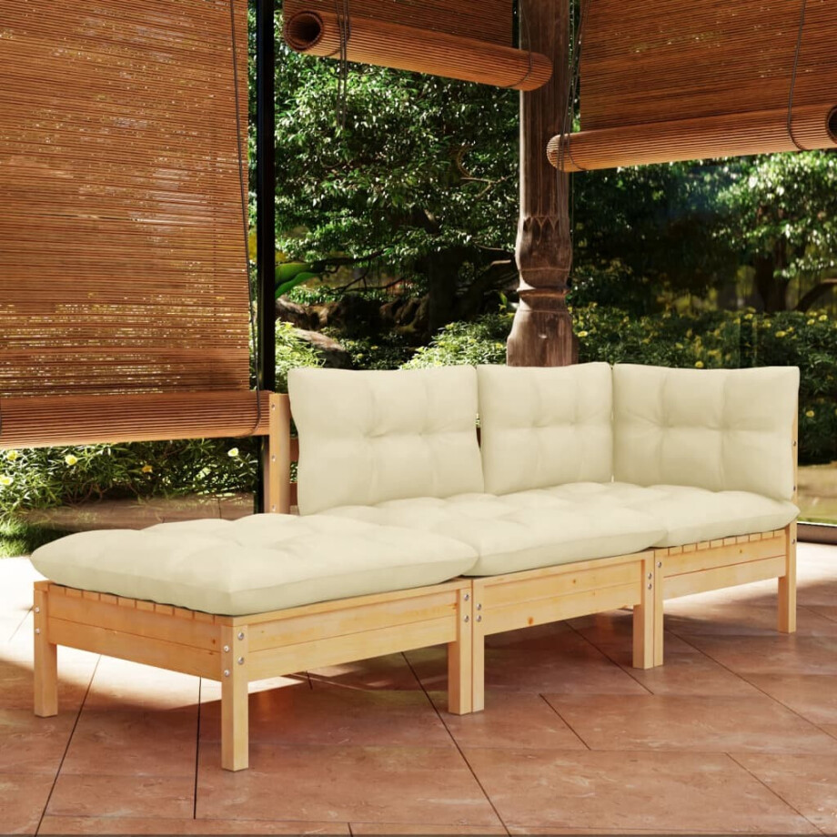 vidaXL 3-delige Loungeset met crèmekleurige kussens massief grenenhout afbeelding 1