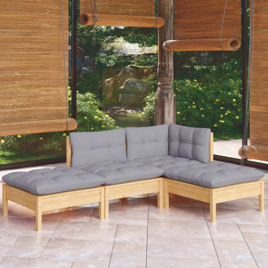 vidaXL 4-delige Loungeset met grijze kussens massief grenenhout afbeelding 1