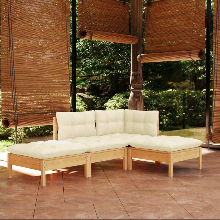 vidaXL 4-delige Loungeset met crèmekleurige kussens massief grenenhout afbeelding 1