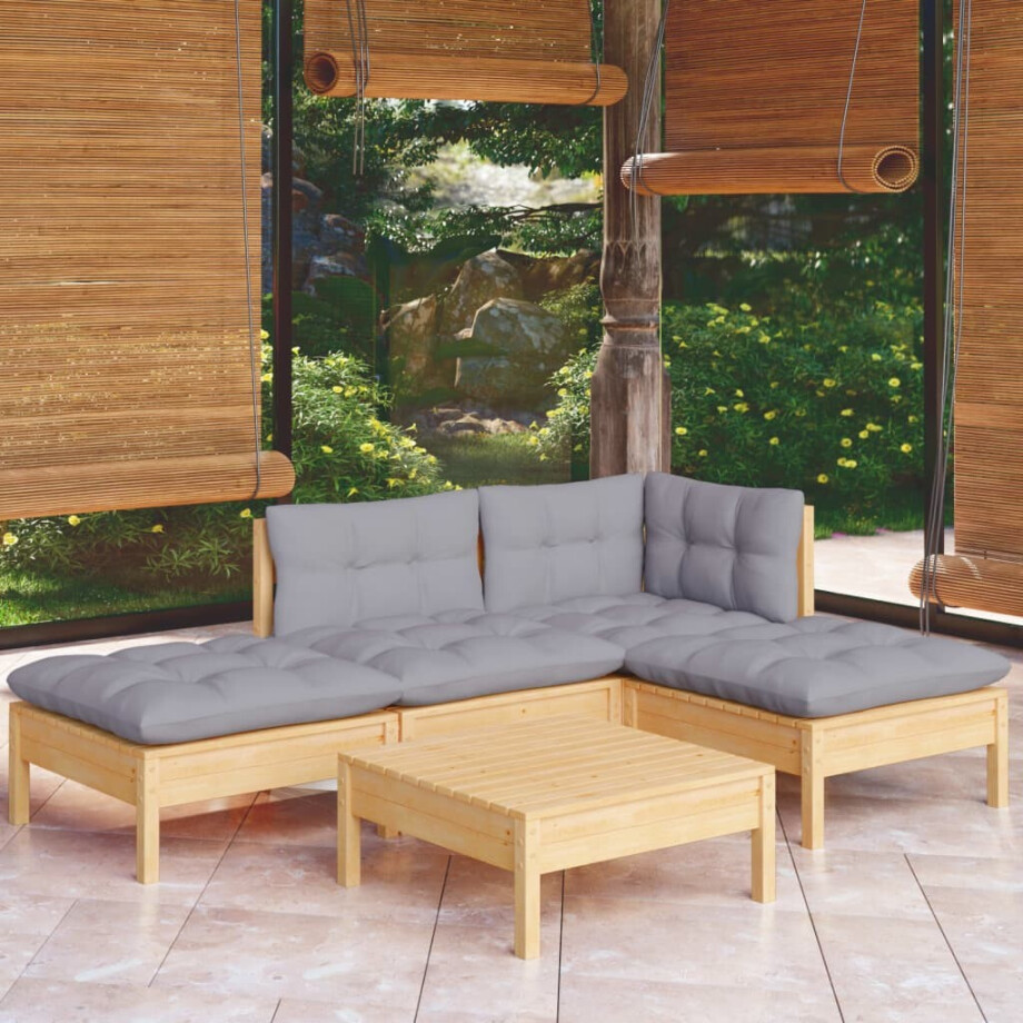 vidaXL 5-delige Loungeset met grijze kussens grenenhout vidaXL 5-delige Loungeset met grijze kussens grenenhout afbeelding 1