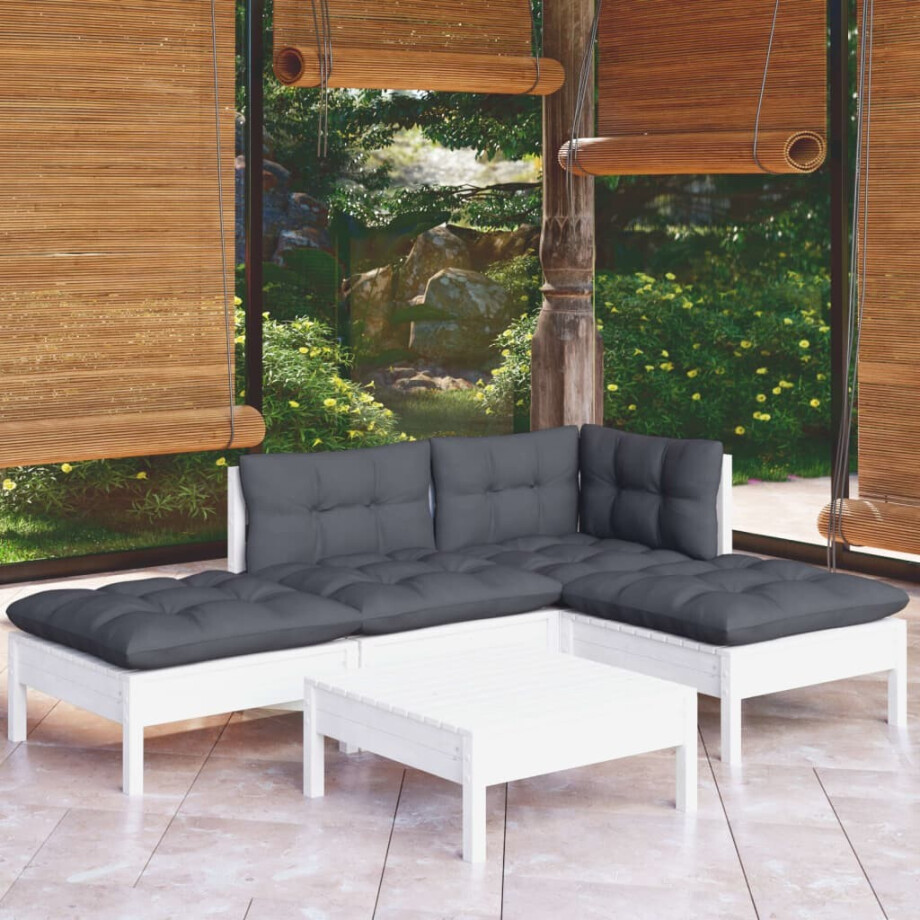 vidaXL 5-delige Loungeset met kussens grenenhout wit vidaXL 5-delige Loungeset met kussens grenenhout wit afbeelding 1