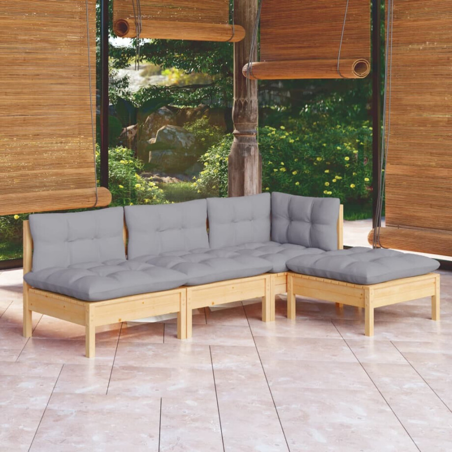 vidaXL 4-delige Loungeset met grijze kussens grenenhout afbeelding 1