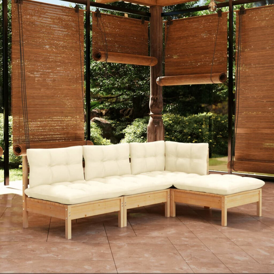 vidaXL 4-delige Loungeset met crèmekleurige kussens grenenhout afbeelding 1