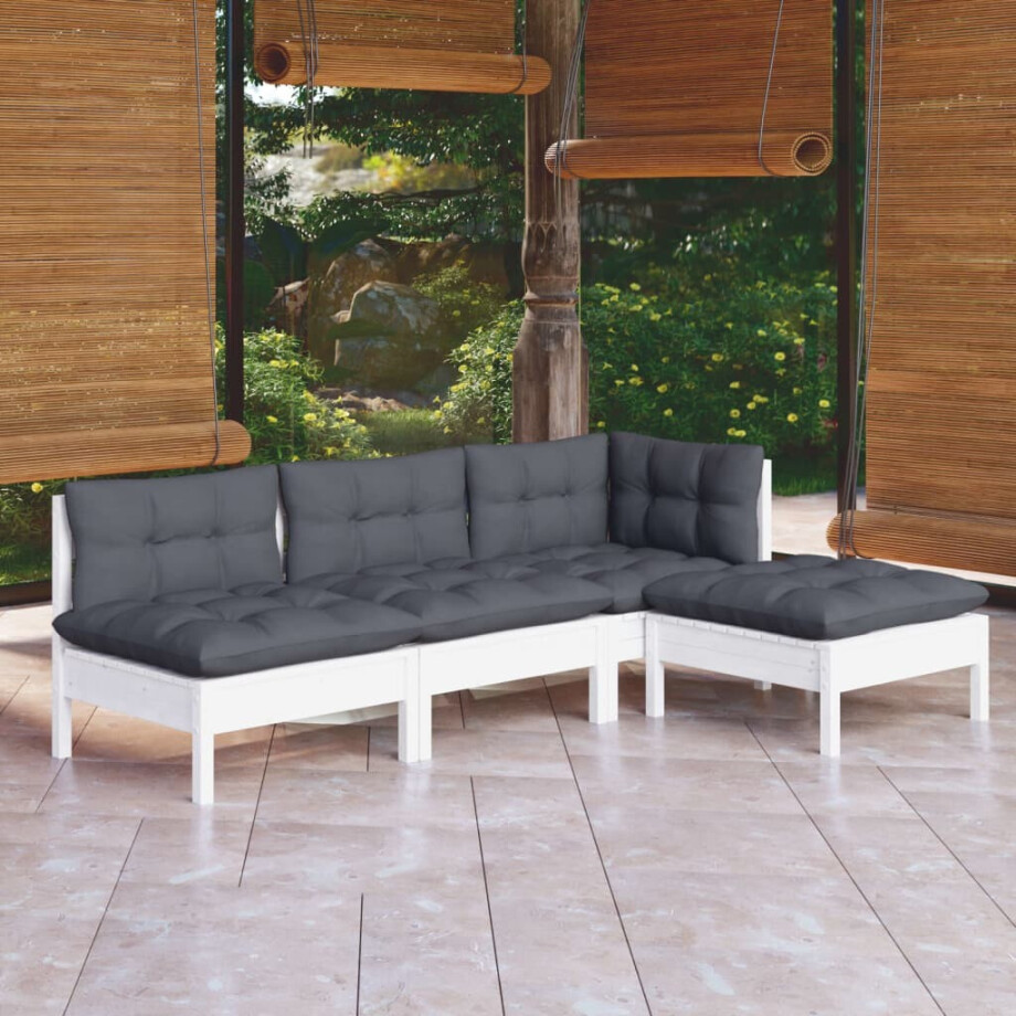 vidaXL 4-delige Loungeset met kussens grenenhout wit vidaXL 4-delige Loungeset met kussens grenenhout wit afbeelding 1