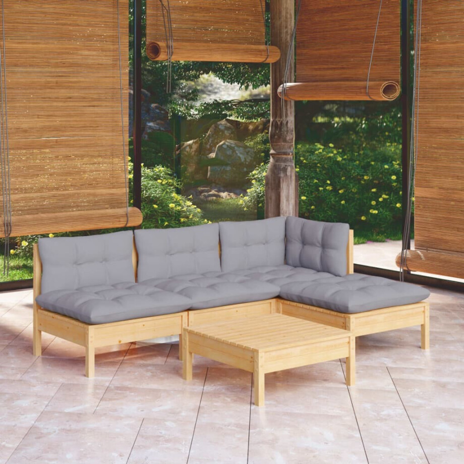 vidaXL 5-delige Loungeset met grijze kussens grenenhout vidaXL 5-delige Loungeset met grijze kussens grenenhout afbeelding 1