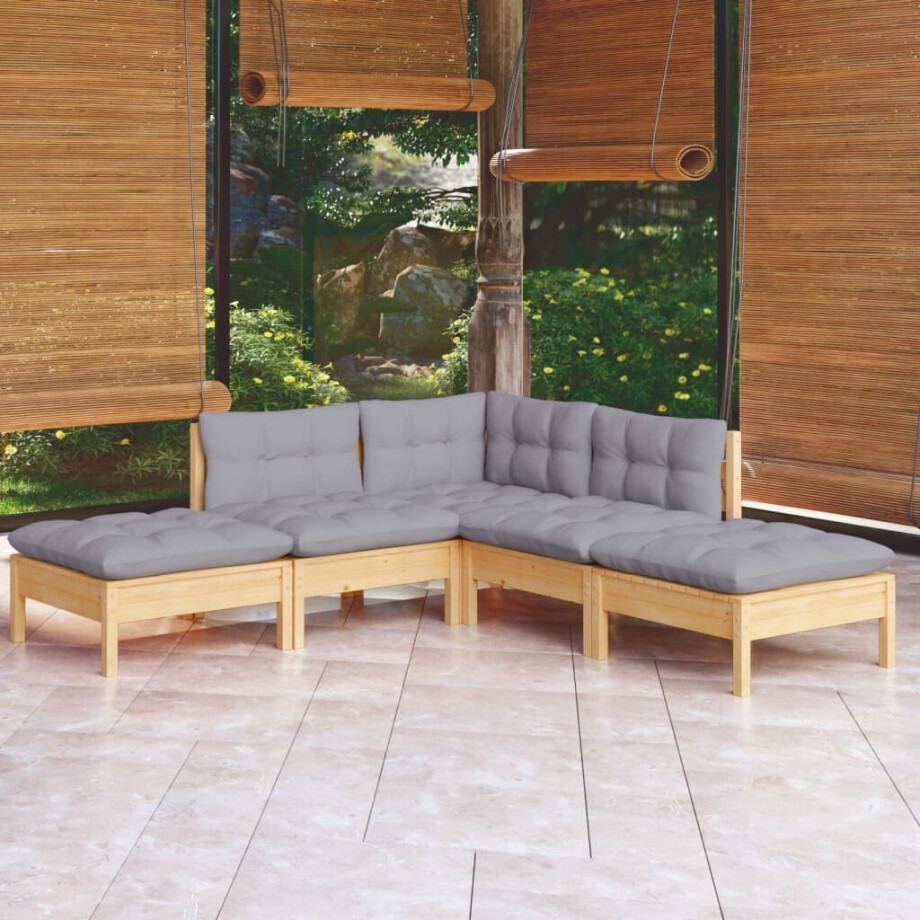 vidaXL 5-delige Loungeset met grijze kussens grenenhout afbeelding 1