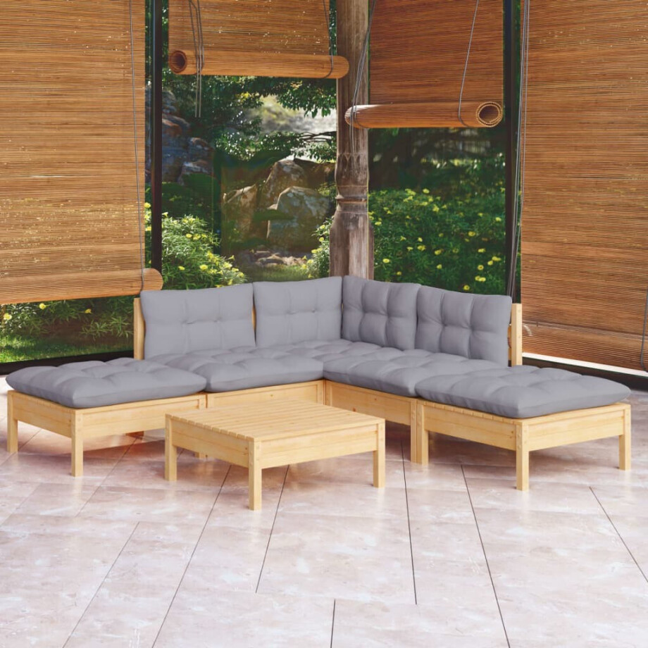 vidaXL 6-delige Loungeset met grijze kussens grenenhout afbeelding 1