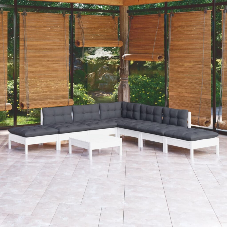 vidaXL 8-delige Loungeset met kussens grenenhout wit afbeelding 1