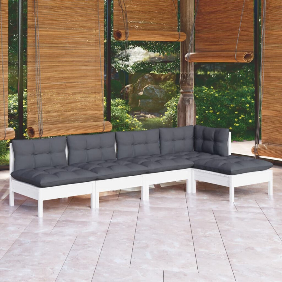 vidaXL 5-delige Loungeset met kussens grenenhout wit afbeelding 1