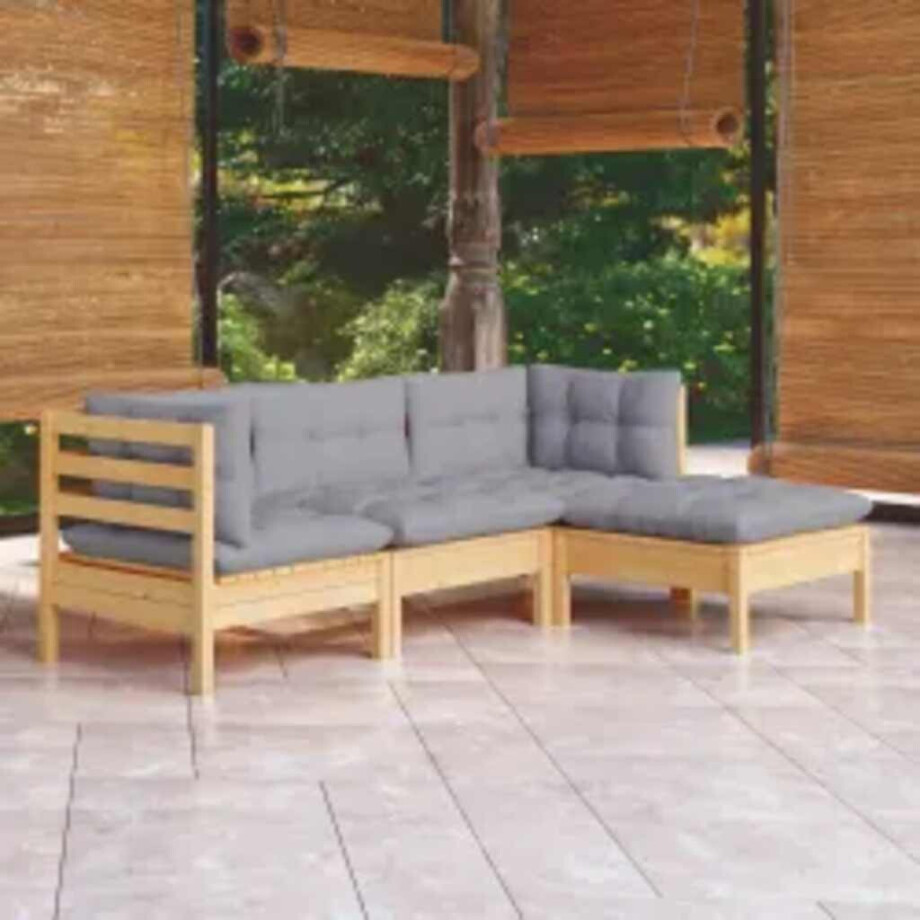 vidaXL 4-delige Loungeset met grijze kussens grenenhout vidaXL 4-delige Loungeset met grijze kussens grenenhout afbeelding 1