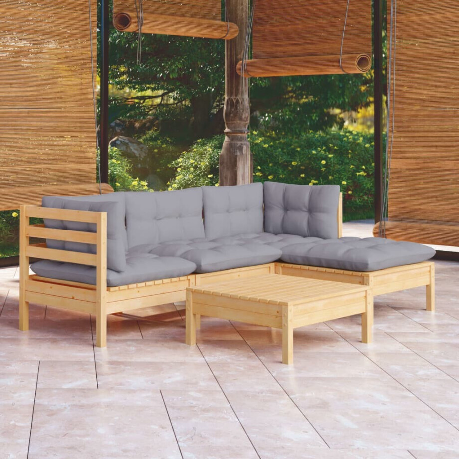 vidaXL 5-delige Loungeset met grijze kussens grenenhout vidaXL 5-delige Loungeset met grijze kussens grenenhout afbeelding 1