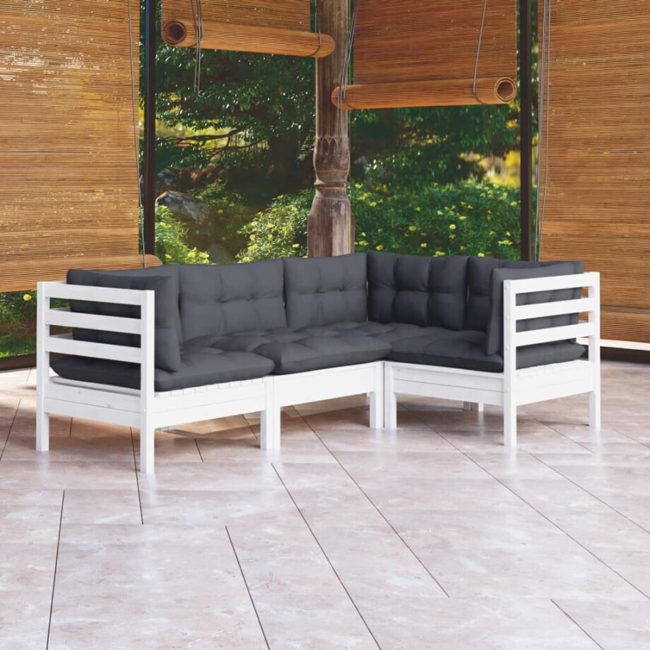 vidaXL 4-delige Loungeset met kussens grenenhout wit vidaXL 4-delige Loungeset met kussens grenenhout wit afbeelding 1