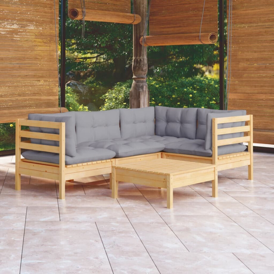 vidaXL 5-delige Loungeset met grijze kussens grenenhout vidaXL 5-delige Loungeset met grijze kussens grenenhout afbeelding 1