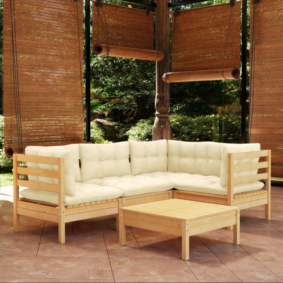 vidaXL 5-delige Loungeset met crèmekleurige kussens grenenhout afbeelding 1
