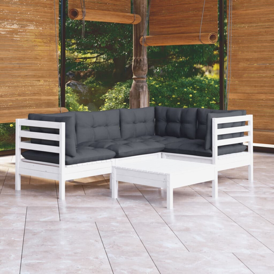vidaXL 5-delige Loungeset met kussens grenenhout wit vidaXL 5-delige Loungeset met kussens grenenhout wit afbeelding 1