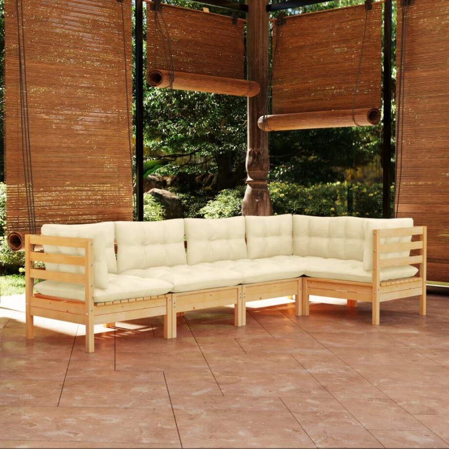 vidaXL 5-delige Loungeset met crèmekleurige kussens grenenhout afbeelding 1