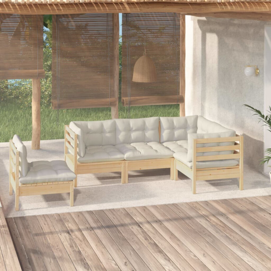 vidaXL 5-delige Loungeset met crèmekleurige kussens grenenhout afbeelding 1