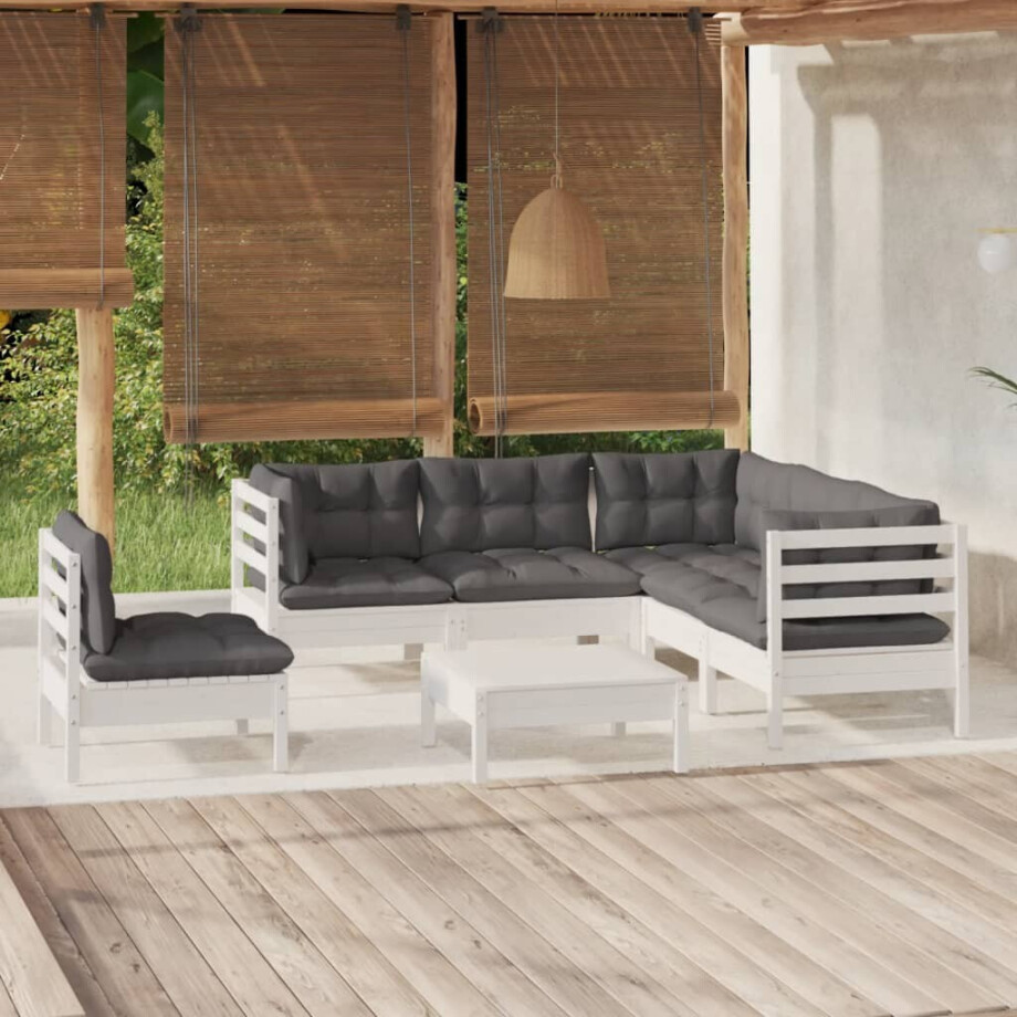 vidaXL 6-delige Loungeset met kussens grenenhout wit afbeelding 1