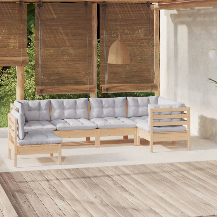 vidaXL 6-delige Loungeset met grijze kussens grenenhout vidaXL 6-delige Loungeset met grijze kussens grenenhout afbeelding 1