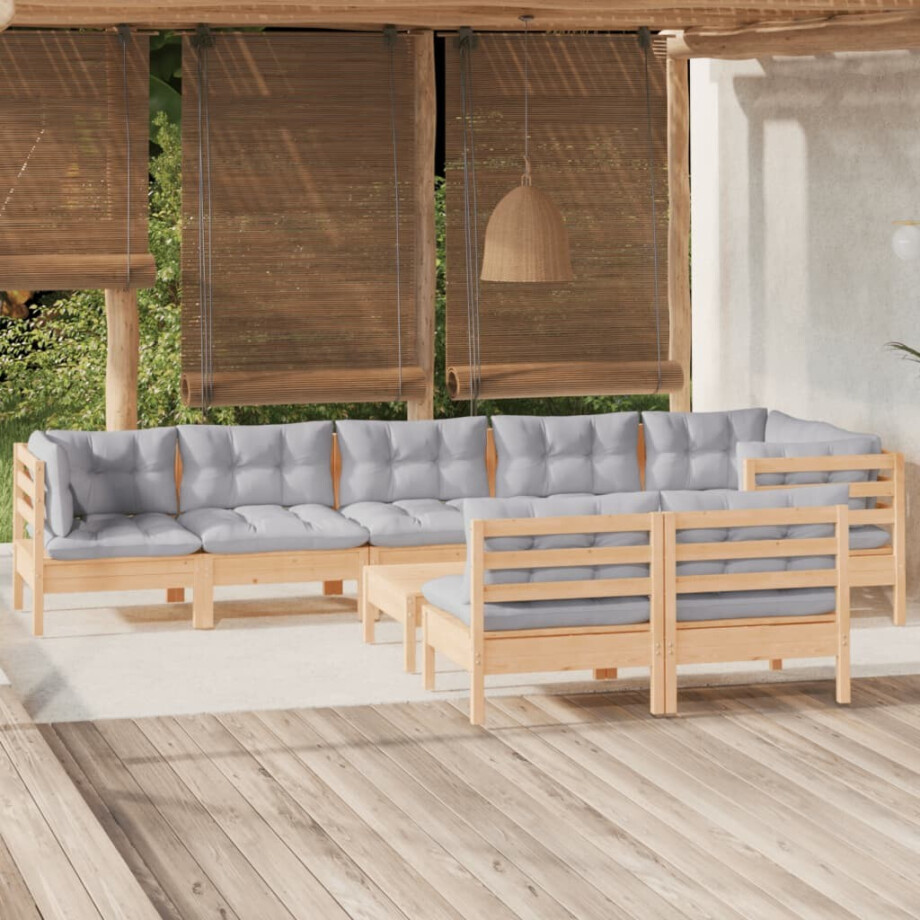 vidaXL 9-delige Loungeset met grijze kussens massief grenenhout vidaXL 9-delige Loungeset met grijze kussens massief grenenhout afbeelding 1