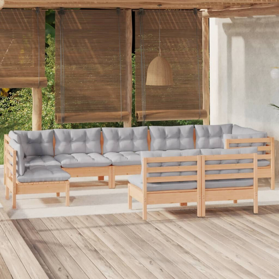 vidaXL 9-delige Loungeset met grijze kussens massief grenenhout afbeelding 1