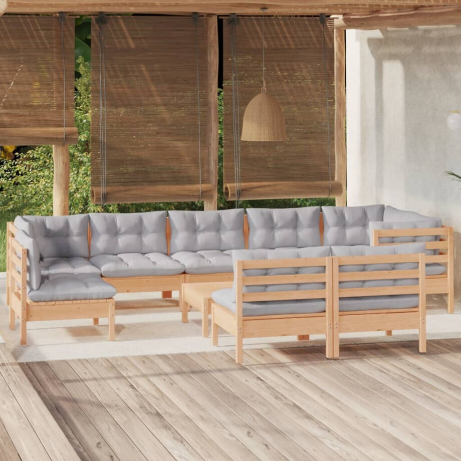 vidaXL 10-delige Loungeset met grijze kussens massief grenenhout afbeelding 1