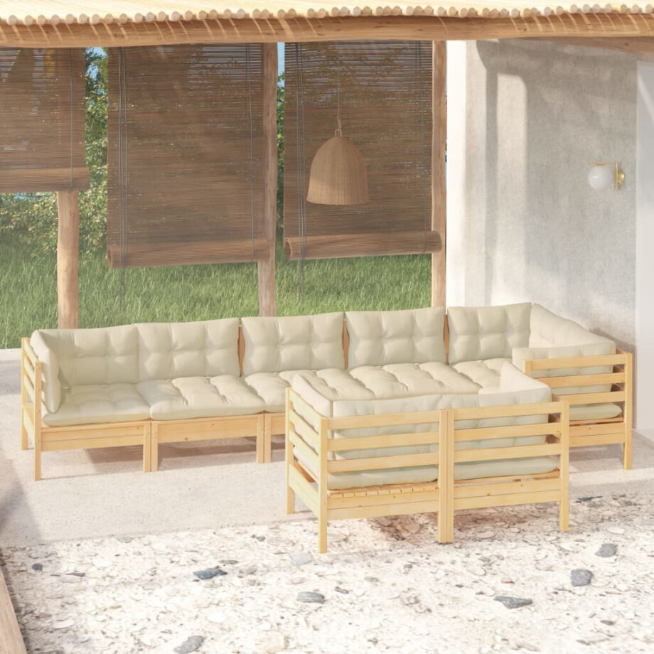 vidaXL 8-delige Loungeset met crèmekleurige kussens massief grenenhout afbeelding 1