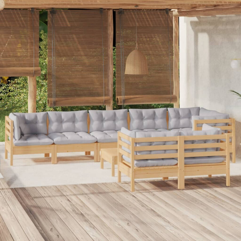 vidaXL 9-delige Loungeset met grijze kussens massief grenenhout afbeelding 1