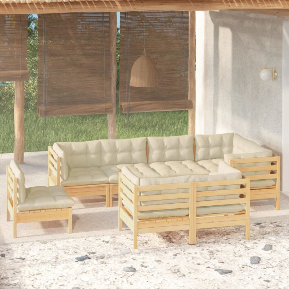 vidaXL 8-delige Loungeset met crèmekleurige kussens massief grenenhout afbeelding 1