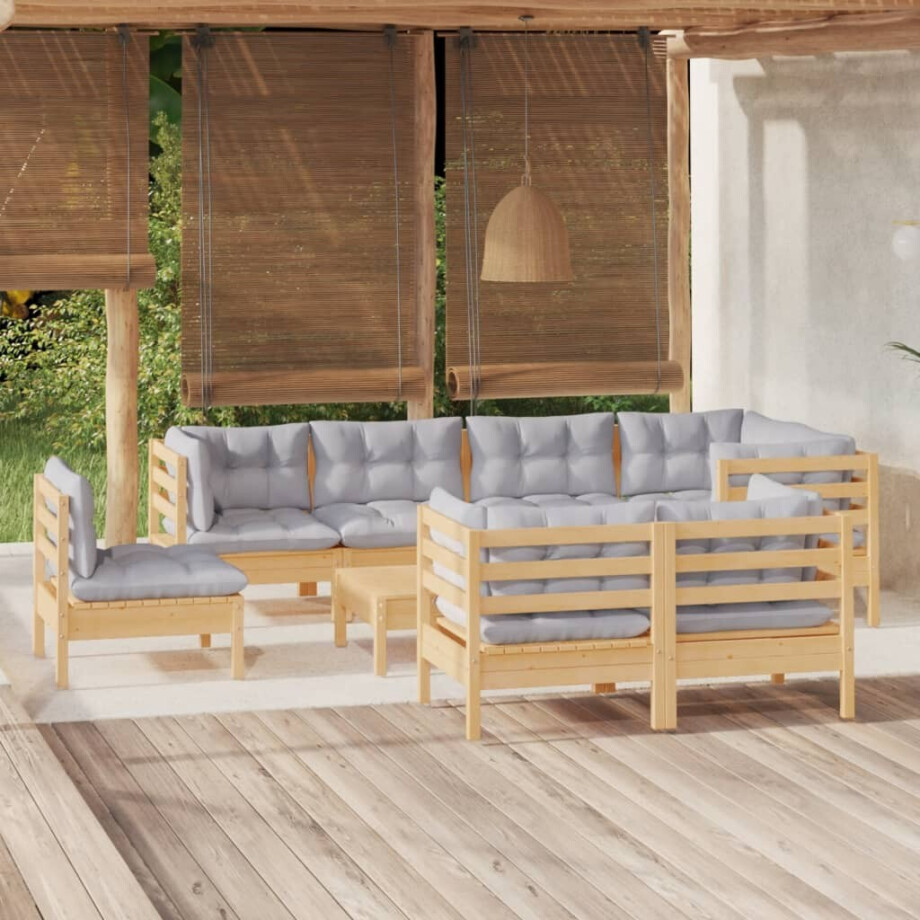 vidaXL 9-delige Loungeset met grijze kussens massief grenenhout afbeelding 1