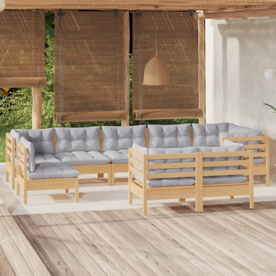 vidaXL 9-delige Loungeset met grijze kussens massief grenenhout afbeelding 1
