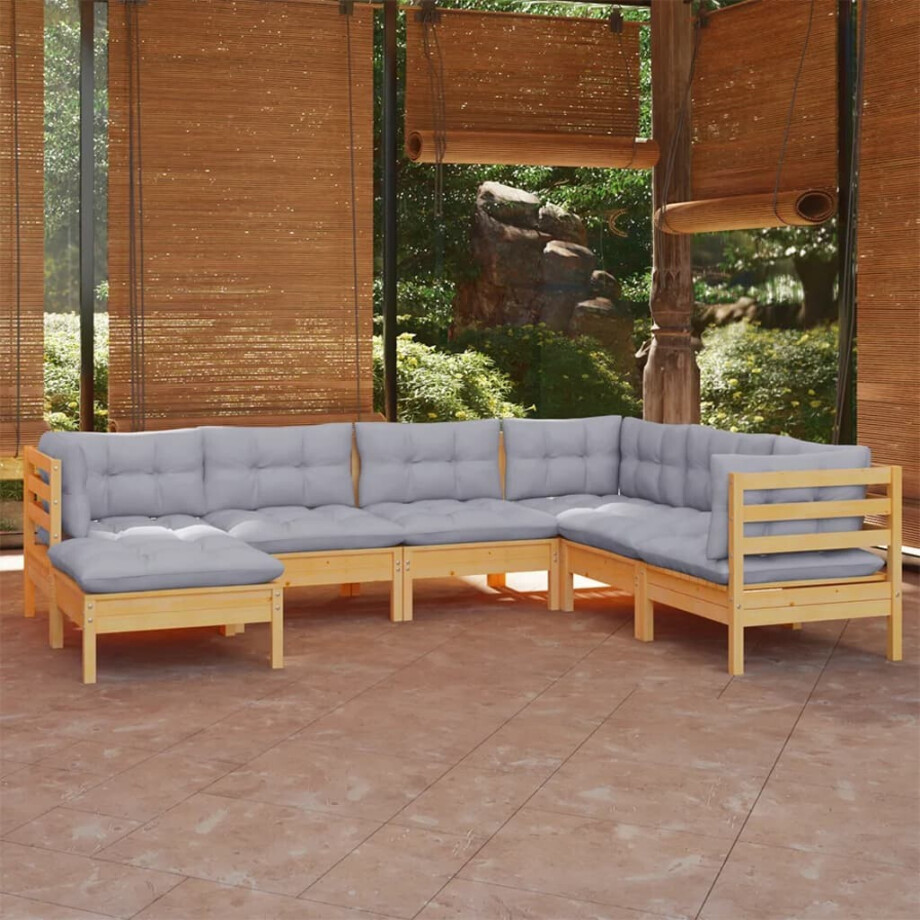vidaXL 7-delige Loungeset met grijze kussens massief grenenhout afbeelding 1