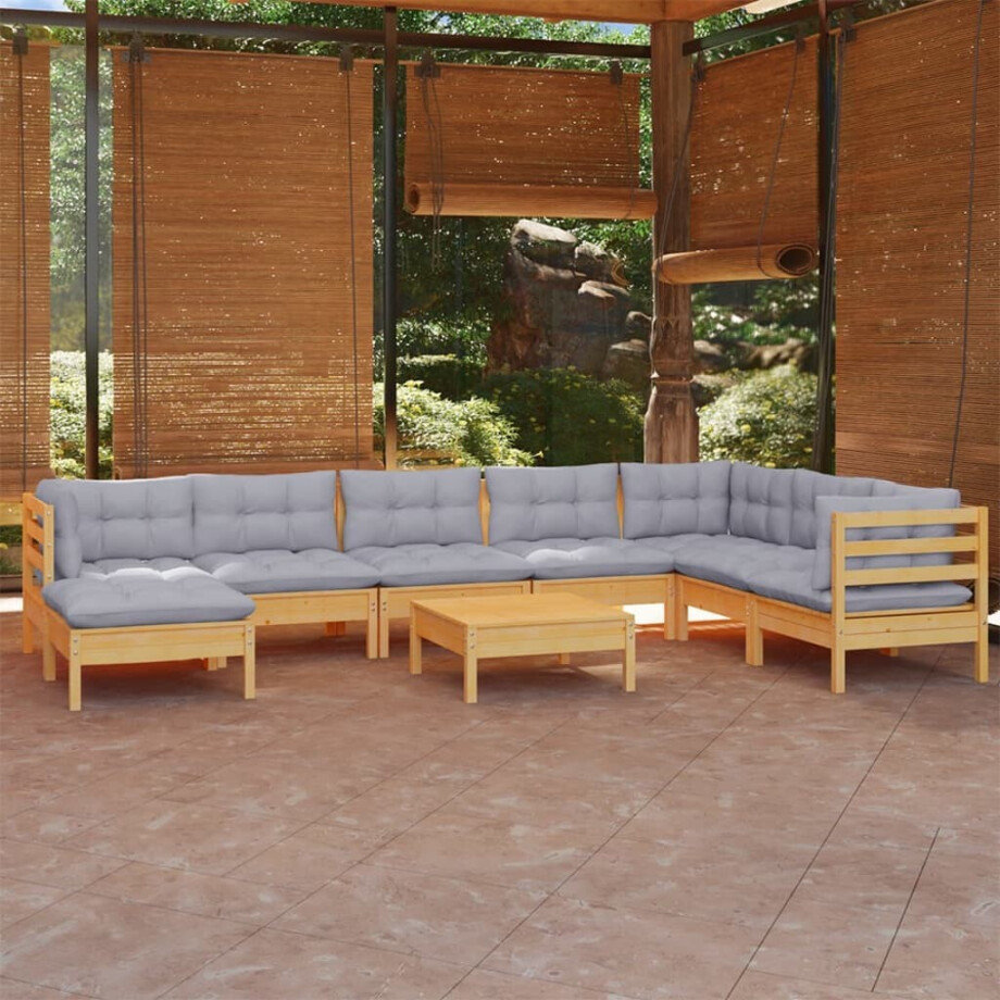 vidaXL 9-delige Loungeset met grijze kussens massief grenenhout afbeelding 1
