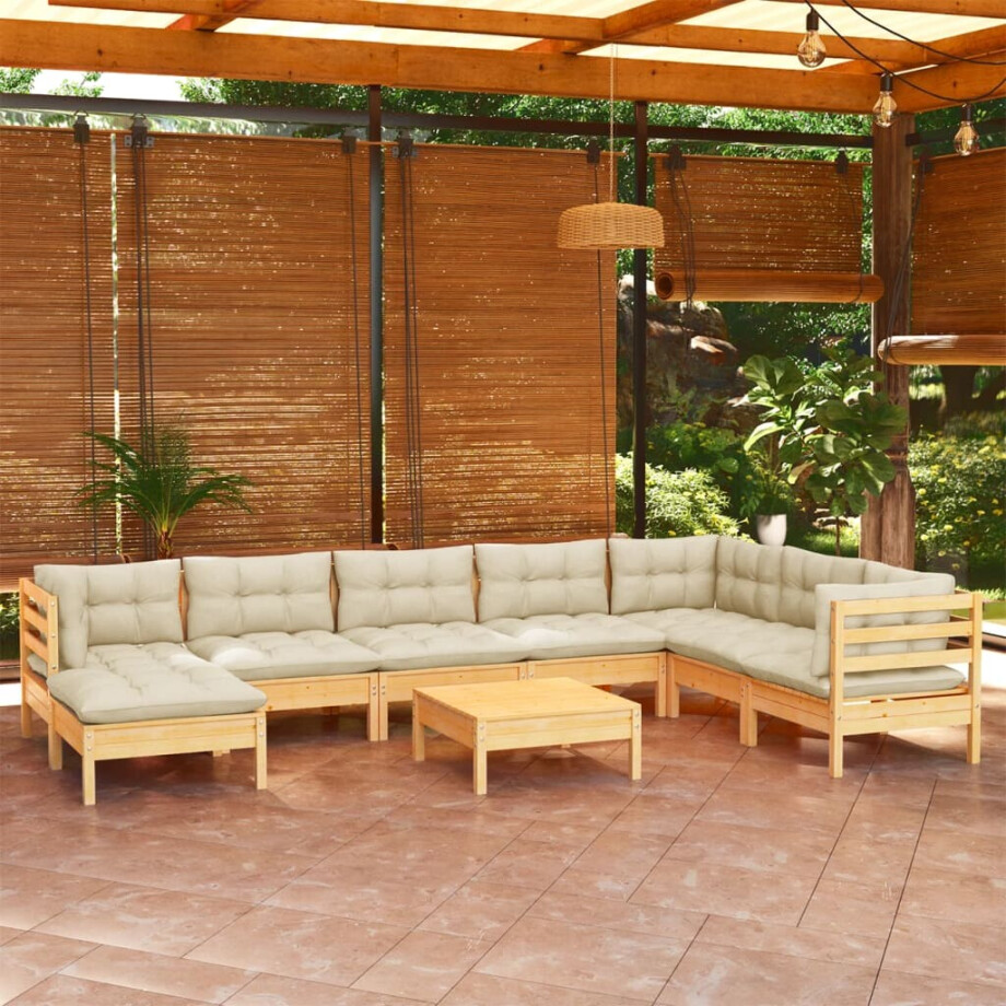 vidaXL 9-delige Loungeset met crèmekleurige kussens massief grenenhout afbeelding 1