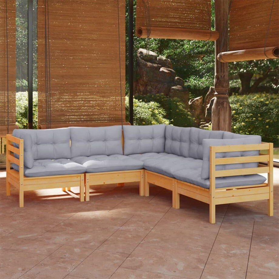 vidaXL 5-delige Loungeset met grijze kussens massief grenenhout afbeelding 1