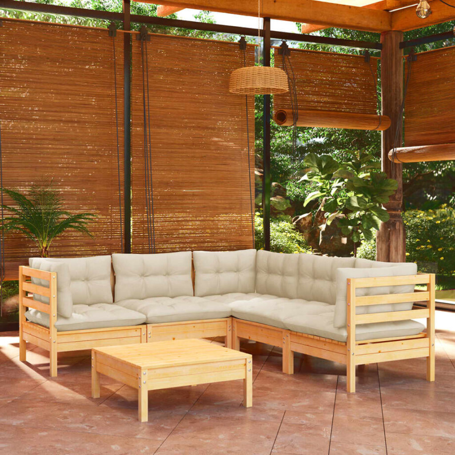 vidaXL 6-delige Loungeset met crèmekleurige kussens massief grenenhout vidaXL 6-delige Loungeset met crèmekleurige kussens massief grenenhout afbeelding 1