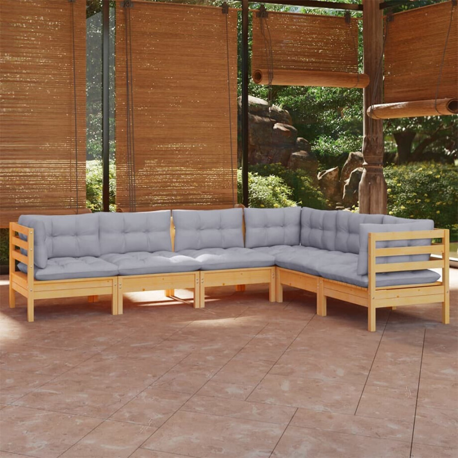 vidaXL 6-delige Loungeset met grijze kussens massief grenenhout afbeelding 1