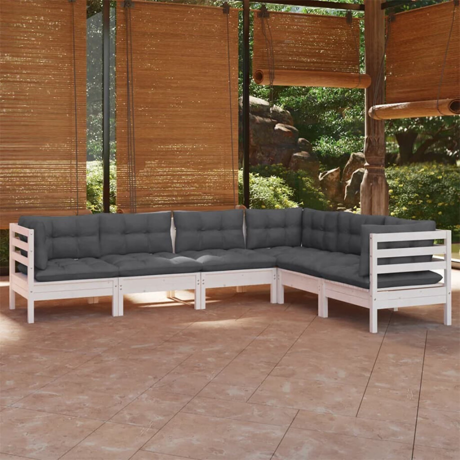 vidaXL 6-delige Loungeset met kussens massief grenenhout wit afbeelding 1