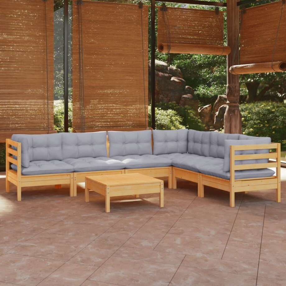 vidaXL 7-delige Loungeset met grijze kussens massief grenenhout afbeelding 1