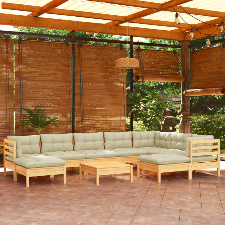 vidaXL 10-delige Loungeset met crèmekleurige kussens massief grenenhout vidaXL 10-delige Loungeset met crèmekleurige kussens massief grenenhout afbeelding 1