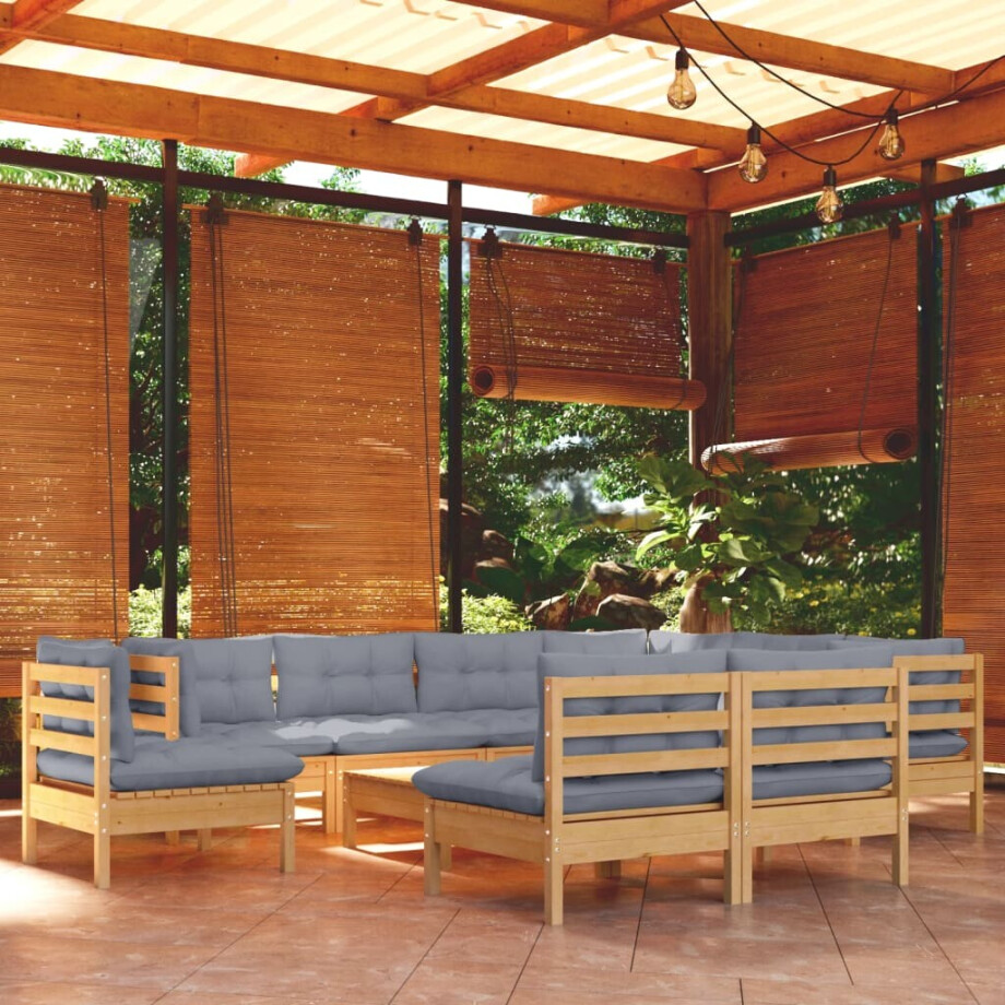 vidaXL 10-delige Loungeset met grijze kussens massief grenenhout afbeelding 1