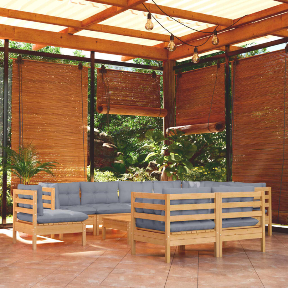 vidaXL 10-delige Loungeset met grijze kussens massief grenenhout vidaXL 10-delige Loungeset met grijze kussens massief grenenhout afbeelding 1
