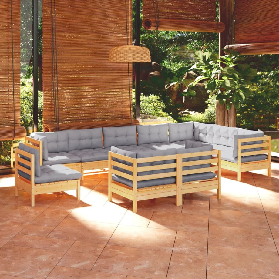 vidaXL 10-delige Loungeset met grijze kussens massief grenenhout afbeelding 1