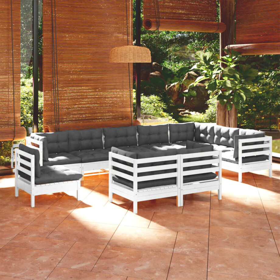 vidaXL 10-delige Loungeset met kussens massief grenenhout wit afbeelding 1