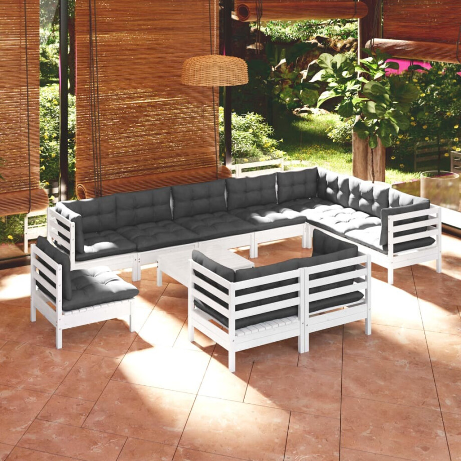 vidaXL 11-delige Loungeset met kussens massief grenenhout wit afbeelding 1