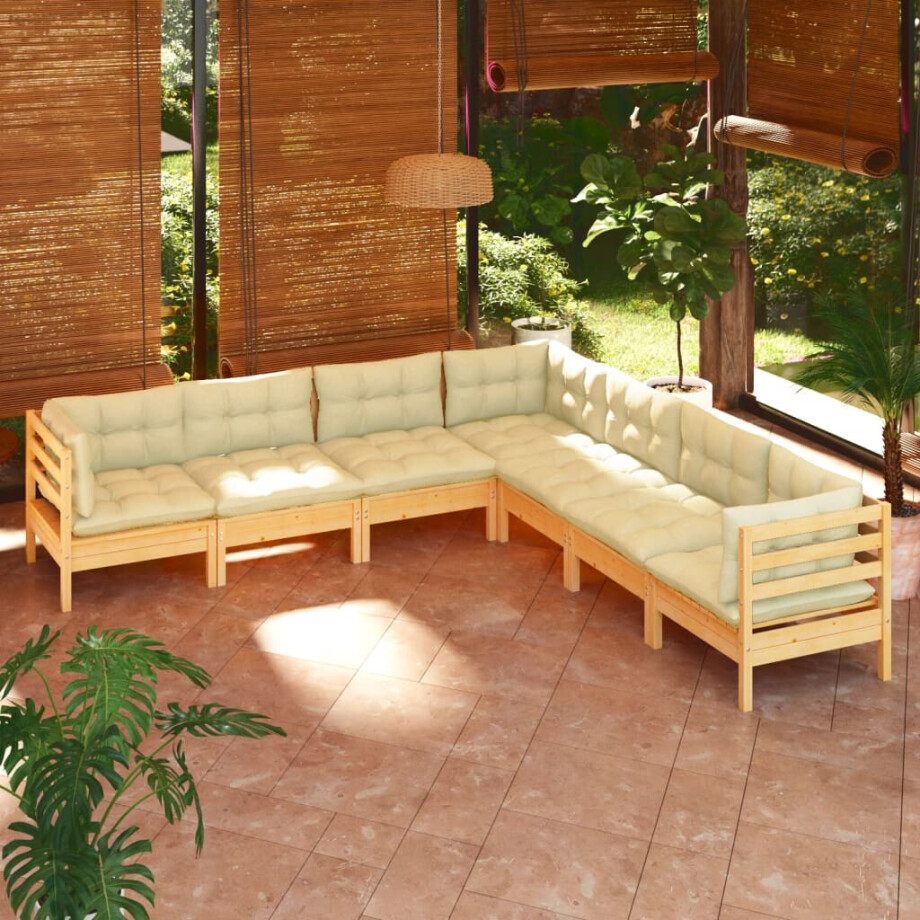 vidaXL 7-delige Loungeset met crèmekleurige kussens massief grenenhout vidaXL 7-delige Loungeset met crèmekleurige kussens massief grenenhout afbeelding 1