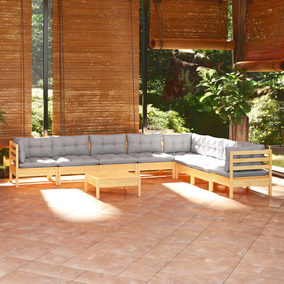 vidaXL 9-delige Loungeset met grijze kussens massief grenenhout vidaXL 9-delige Loungeset met grijze kussens massief grenenhout afbeelding 1